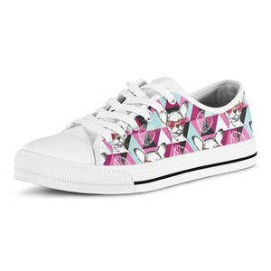 Hipster Chihuahua Pattern Print White Low Top Sneakers