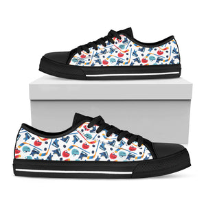 Hockey Equipment Pattern Print Black Low Top Sneakers