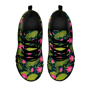Hot Pink Lotus Pattern Print Black Running Shoes