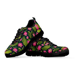 Hot Pink Lotus Pattern Print Black Running Shoes