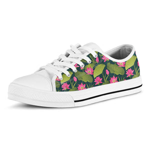 Hot Pink Lotus Pattern Print White Low Top Sneakers