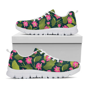 Hot Pink Lotus Pattern Print White Running Shoes