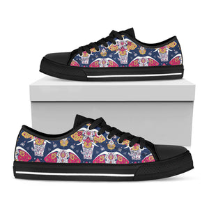 Indian Floral Elephant Pattern Print Black Low Top Sneakers