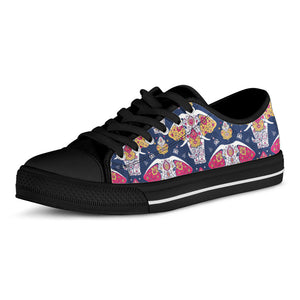 Indian Floral Elephant Pattern Print Black Low Top Sneakers
