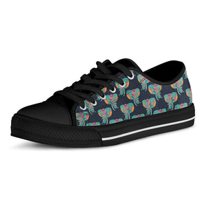 Indian Tribal Elephant Pattern Print Black Low Top Sneakers