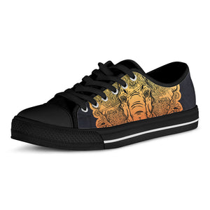Indian Tribal Spiritual Elephant Print Black Low Top Sneakers