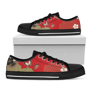Japanese Flower Print Black Low Top Sneakers