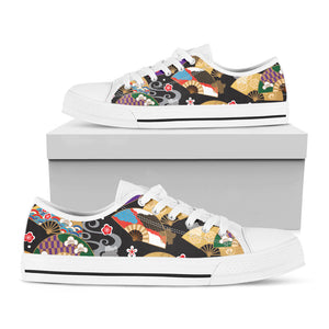 Japanese Hand Fan Pattern Print White Low Top Sneakers