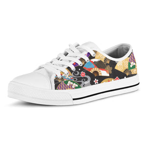 Japanese Hand Fan Pattern Print White Low Top Sneakers