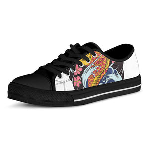 Japanese Koi And Flower Tattoo Print Black Low Top Sneakers