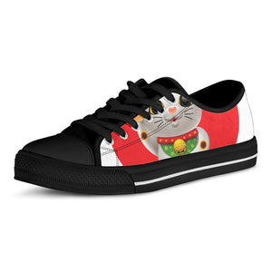 Japanese Lucky Cat Maneki Neko Print Black Low Top Sneakers
