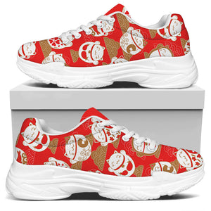 Japanese Lucky Cat Pattern Print White Chunky Shoes