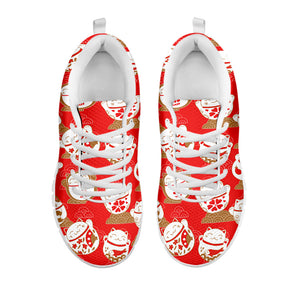 Japanese Lucky Cat Pattern Print White Running Shoes