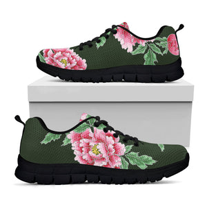 Japanese Peony Print Black Running Shoes