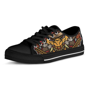 Japanese Samurai Mask Print Black Low Top Sneakers