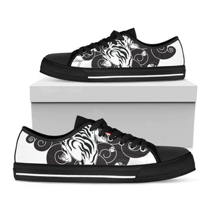 Japanese White Tiger Tattoo Print Black Low Top Sneakers
