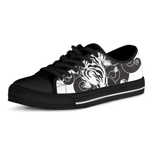 Japanese White Tiger Tattoo Print Black Low Top Sneakers