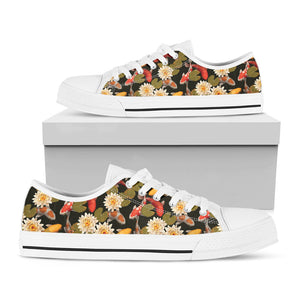 Koi Carp And Lotus Pattern Print White Low Top Sneakers