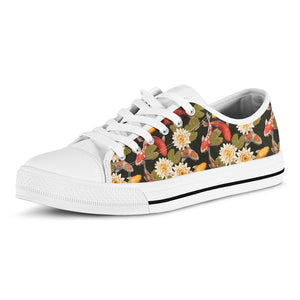 Koi Carp And Lotus Pattern Print White Low Top Sneakers