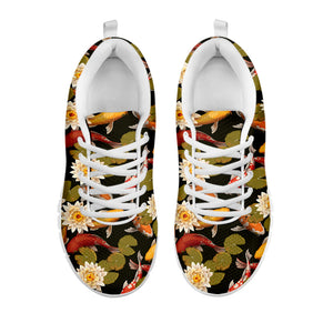 Koi Carp And Lotus Pattern Print White Running Shoes
