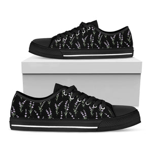 Lavender Flowers Pattern Print Black Low Top Sneakers