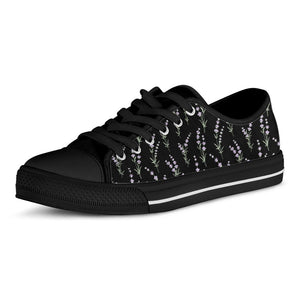 Lavender Flowers Pattern Print Black Low Top Sneakers