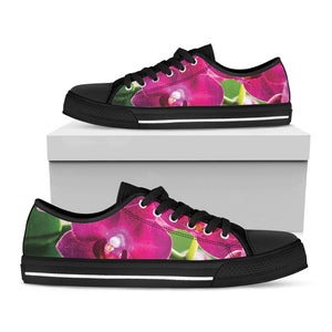 Magenta Orchid Flower Print Black Low Top Sneakers