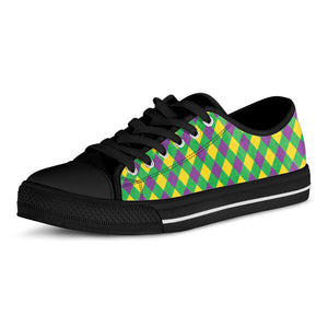 Mardi Gras Plaid Pattern Print Black Low Top Sneakers