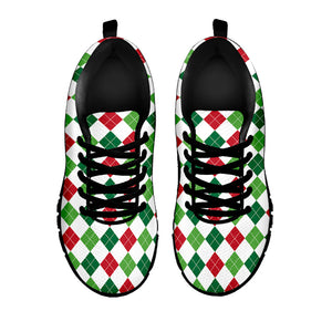 Merry Christmas Argyle Pattern Print Black Running Shoes