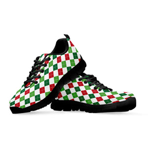 Merry Christmas Argyle Pattern Print Black Running Shoes