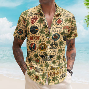 Classic Rock Band Logos Hawaiian Shirt - Unisex Cream Floral Rock Legends Collage Resort Wear
