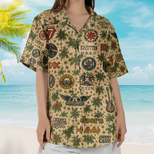 Classic Rock Band Logos Hawaiian Shirt - Unisex Cream Floral Rock Legends Collage Resort Wear