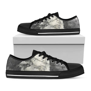 Monochrome Howling Wolf Print Black Low Top Sneakers