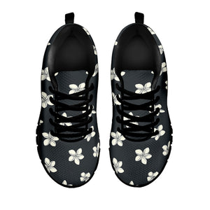 Monochrome Plumeria Pattern Print Black Running Shoes