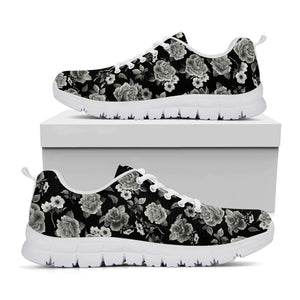 Monochrome Rose Floral Pattern Print White Running Shoes