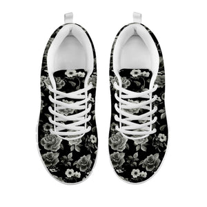 Monochrome Rose Floral Pattern Print White Running Shoes