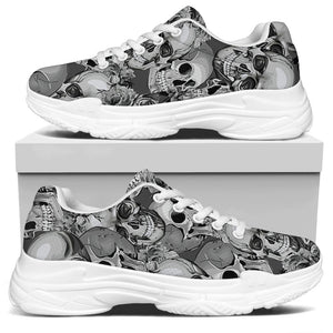 Monochrome Skull Flowers Pattern Print White Chunky Shoes