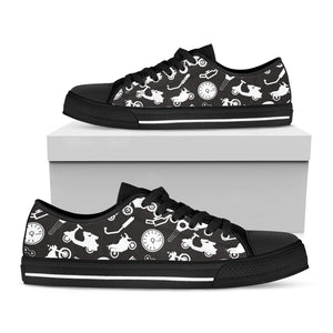 Motorcycle Equipment Pattern Print Black Low Top Sneakers