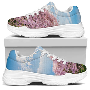Mount Fuji And Cherry Blossom Print White Chunky Shoes
