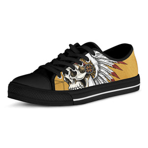 Native American Indian Skull Print Black Low Top Sneakers