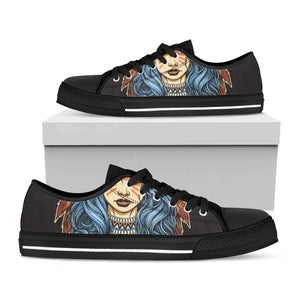 Native American Wolf Girl Print Black Low Top Sneakers