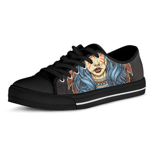 Native American Wolf Girl Print Black Low Top Sneakers