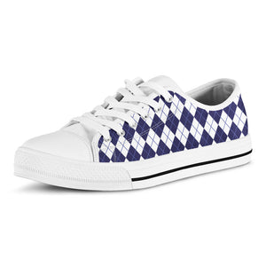Navy Blue And White Argyle Pattern Print White Low Top Sneakers
