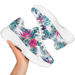 Neon Hibiscus Tropical Pattern Print White Chunky Shoes
