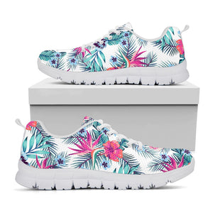 Neon Hibiscus Tropical Pattern Print White Running Shoes