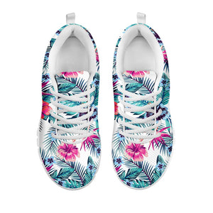 Neon Hibiscus Tropical Pattern Print White Running Shoes