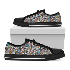 Old Cassette Tape Print Black Low Top Sneakers