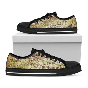 Old Religious Words Print Black Low Top Sneakers
