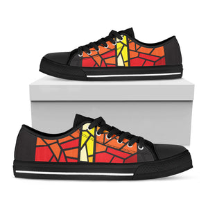 Orange And Red Stained Glass Cross Print Black Low Top Sneakers