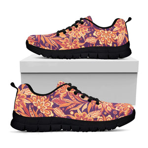 Orange Bohemian Floral Pattern Print Black Running Shoes